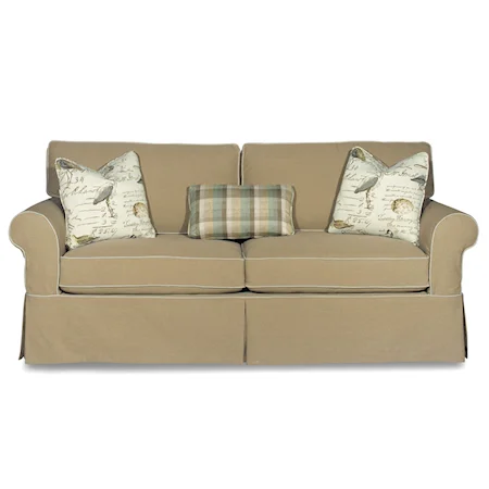 Skirted Sofa with Rolled Arms and Loose Back Cushions